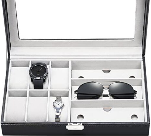 Watch Box Case & Mens Jewelry Box Organizer with 3 Sunglasses