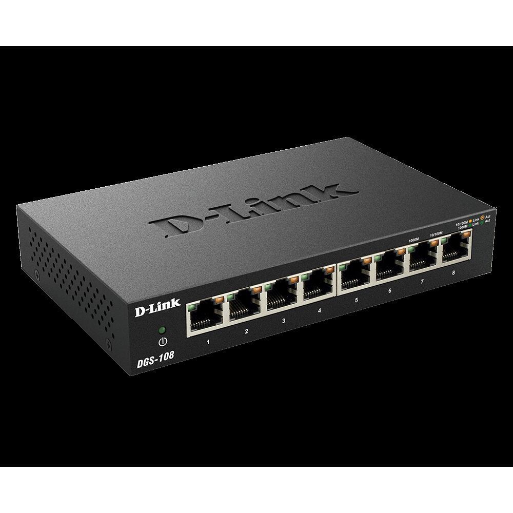 D-Link Fast Ethernet Switch, 8 Port Unmanaged Metal Fanless Desktop Network  Internet (DES-108), Black