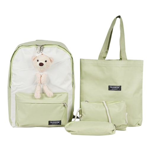 fashion-instinct-plain-design-girls-school-backpack-4pcs-set-with-teddy-light-green
