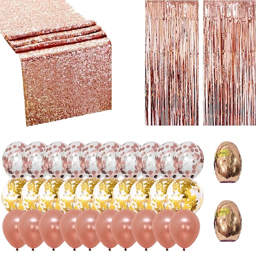Birthday Decorations Rose Gold, Happy Birthday Balloon Banner Rose Gold Foil Tablecloth Fringe Shiny Curtains Cake Topper Confetti Latex Balloons for
