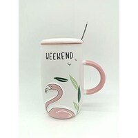 Picture of Flamingo Meaty Ceramic Cup With Lid and Spoon, 320 ml, Multi Color