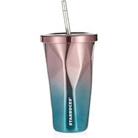 Picture of Chrome Thermos Flask Cup with Lid and Straw, 473ml, Pink & Turquoise