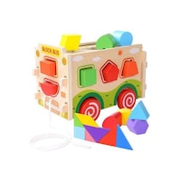Picture of Wooden Shape Sorter Bus with Tangram Classic 3D Push Pull Truck Toy 