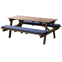 Picture of Outdoor Teak Wood Picnic Table With Cushions, Beige & Navy Blue