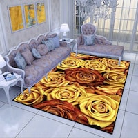 Picture of Flower Designed Living Room Non-Slip Absorbent Carpet, Brown & Yellow