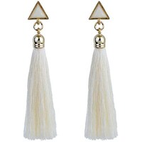 Picture of Bohemian Silk Fabric Crystal Long Drop Tassel Earrings - White