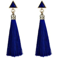 Picture of Bohemian Silk Fabric Crystal Long Drop Tassel Earrings - Navy Blue