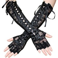 Picture of Elbow Length Half Finger Lace Up Gloves, Black