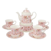 Picture of Ceramic Tea Pot and Warmer Stand with Cups and Saucers, Pink