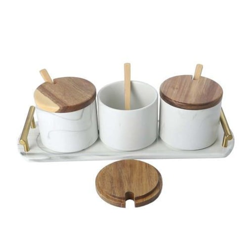 Shop Yatai Kitchen Seasoning Box with Marble Tray & Wooden Lids, White ...