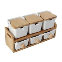 Picture of YATAI Ceramic Spice Storage Jars with Bamboo Tray, White, Pack of 7 Pcs