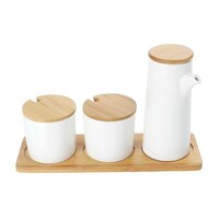 Picture of YATAI Porcelain Condiment Jar Set With Bamboo Tray, White, Pack of 4 Pcs