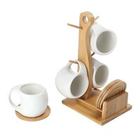 Picture of YATAI Tree Shape Ceramic Tea Cup Set With Wooden Rack, White & Brown