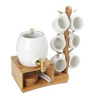 Picture of YATAI Ceramics Coffee Set With Bamboo Stand & Saucers, White and Brown