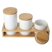 Picture of YATAI Ceramic Storage Jars With Bamboo Rack, White & Brown