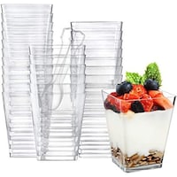 Picture of FUFU Square Plastic Dessert Cups with Plastic Spoons , Clear, 150ml