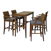 Picture of Outdoor Teak Wood Bar Table Set with Cushions, Brown and Grey