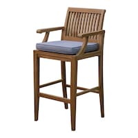 Picture of Outdoor Teak Wood Bar Chair With Cushions - Brown & Navy Blue