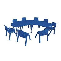 Picture of Impressive Half Moon Wooden Table With Height Adjustable, Blue color, not include chairs