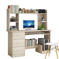 Picture of Computer Desk with Drawers, Writing Desk with Bookshelf Layer, Beige