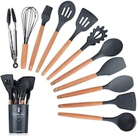 Picture of Newsun Silicone Kitchen Utensils Set with Wooden Handle, Black, 12Pcs