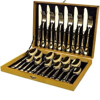 Picture of U-Hoome Forged Stainless Steel Polished Flatware Set, Gold, 24 Pcs