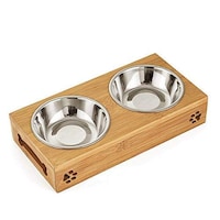 Picture of Mumoo Bear Stainless Steel Double Pet Bowl, Silver & Brown