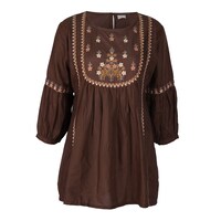Picture of YA-U-BA Embroidered Long Sleeves Women's Top, Dark Brown