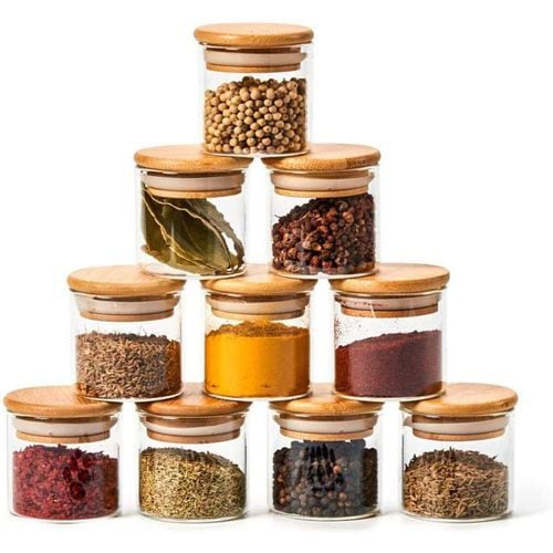 Yibaodan Airtight Bamboo Lids Spice Jars, 12-Pack