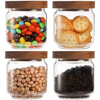 Picture of FUFU Glass Food Storage Jar with Acacia Lids, 450ml, Pack of 4Pcs