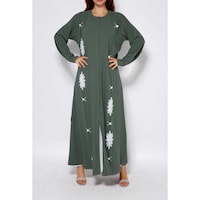 Picture of Safi Handwork Detailed Crushed Crepe Abaya with Shiela, Green & White