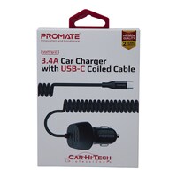Picture of Promate Car Charger with USB-C Coiled Cable, Black, 3.4A