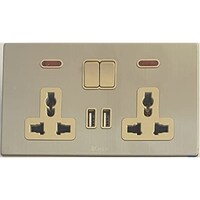 Picture of V-Max Double MF Socket with Switch and 2 USB Ports, Golden Stainless