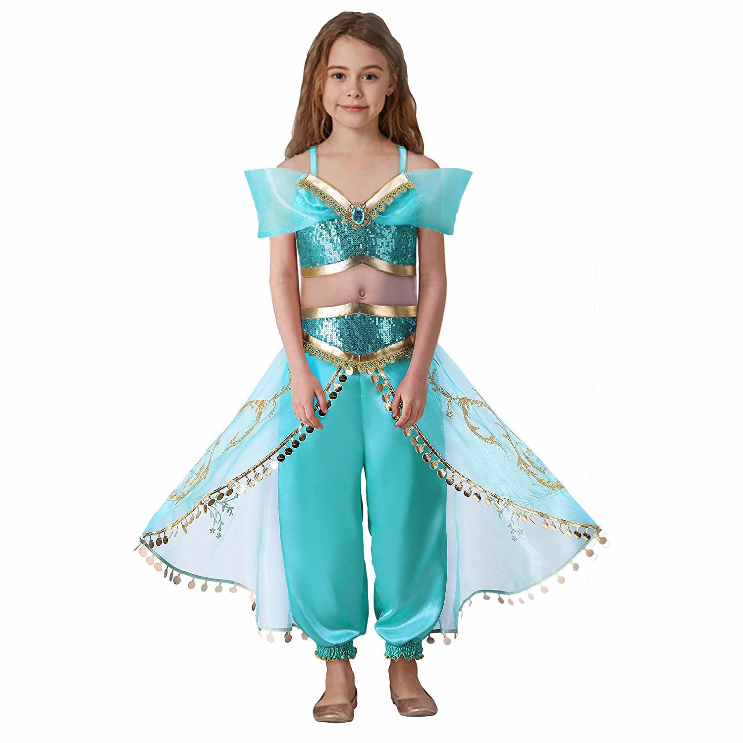 Shop Princess Jasmine Disney Aladdin Girl Dress Role Costume Two-Piece ...