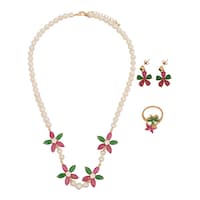 Picture of LovePal Flower Pattern Pearl Chain Locket Set with Ear Ring & Ring