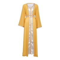 Picture of LovePal 2 Pieces Set Dress with Button & Belt, Mustard & White