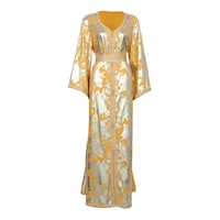 Picture of LovePal Embroidered Design Dress with Button & Belt, XXL-60, Mustard & Gold