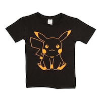 Picture of Pikachu Printed Neon Crew Neck T-shirt with Short Sleeves, Orange and Black