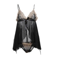 Picture of AQAQ V-Neck Front Closure Lace Chemise Babydoll Sleepwear, Black