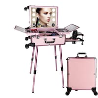 Picture of 6 Adjustable LED Mirror Lights Professional Rolling Makeup Trolley Case, Pink
