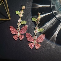 Picture of Al Bait Al Raie Butterfly Design Crystal Drop Dangle Fashion Earrings, Pink & Green